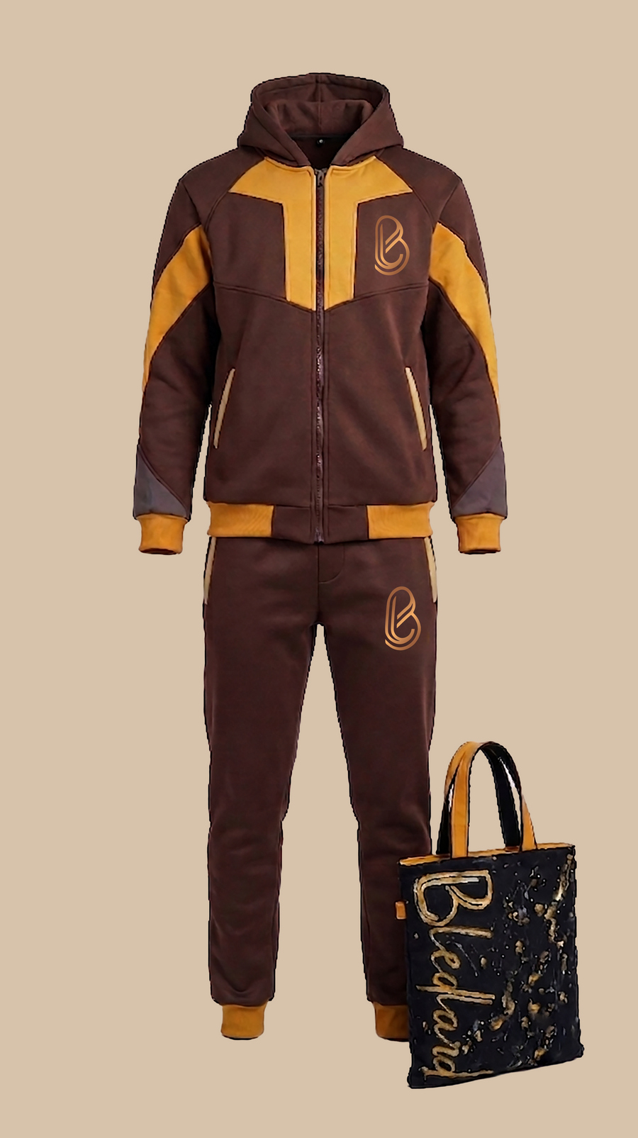Brown and mustard heavyweight Bledlard tracksuit — flat lay