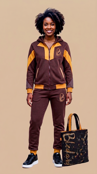 Brown and mustard Bledlard tracksuit on female model — front view