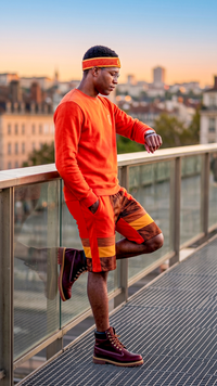 Orange Bledlard crewneck and shorts set — lifestyle on model
