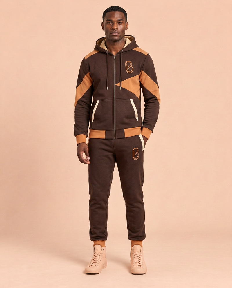 Bledlard Sportswear Set — chocolate zip hoodie with caramel panels and matching joggers, front view
