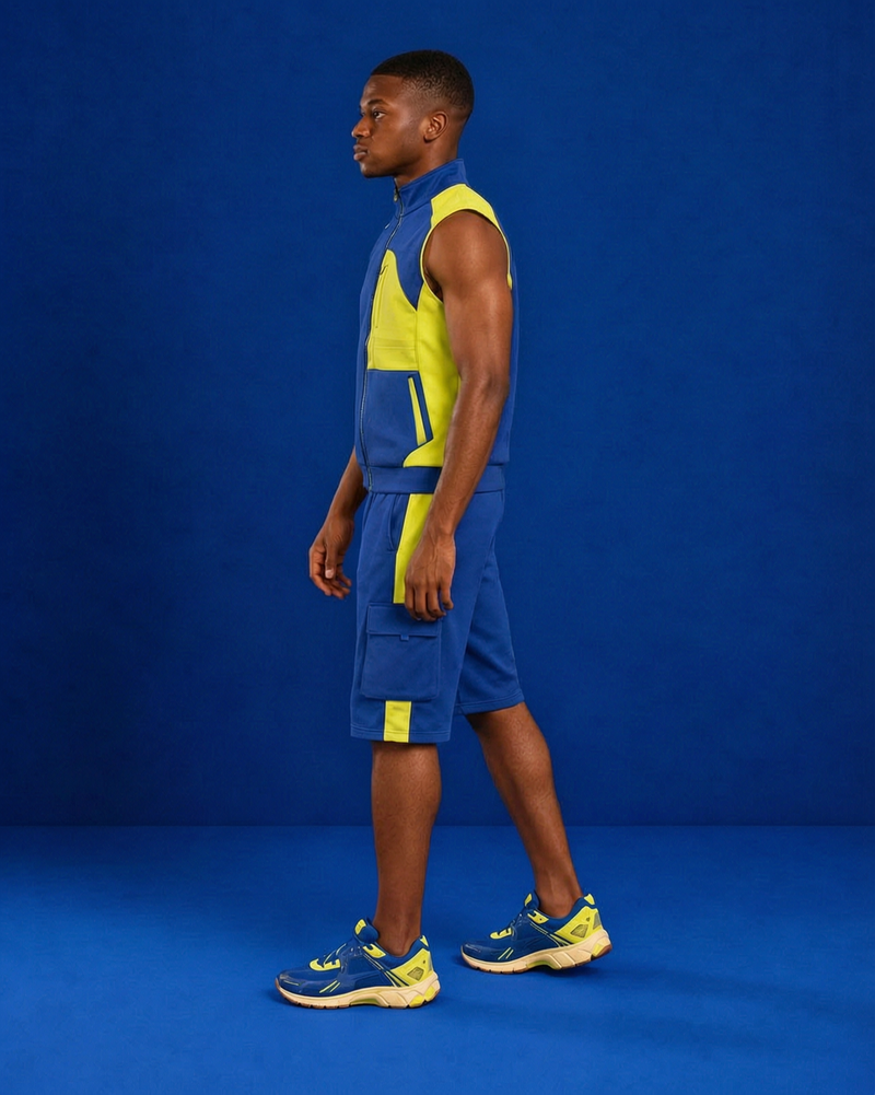 The Blue-Lime Sprint Set — cobalt sleeveless zip top and cargo shorts, side view