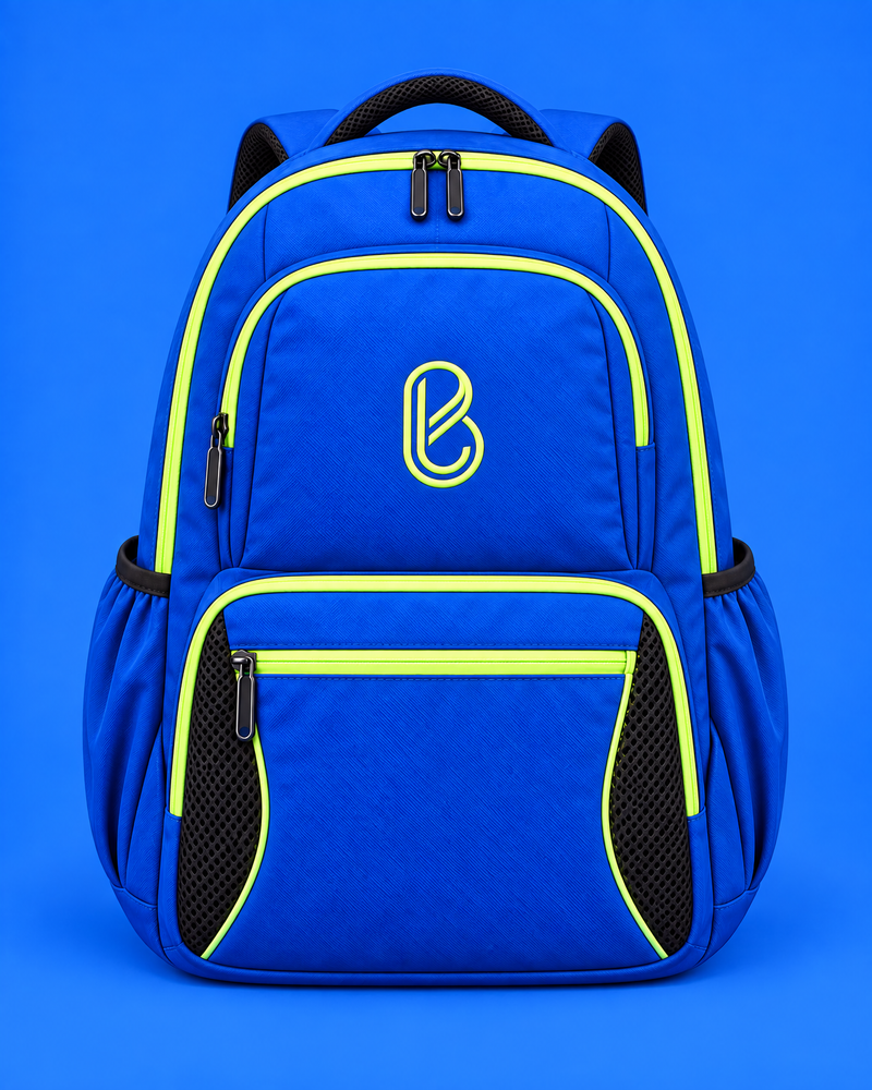 Blue-Lime Utility Backpack — front view with the embroidered B and lime zips