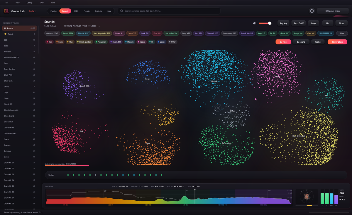 GroundLab Crate sound map: every sample in the library plotted as a coloured dot, grouped into clouds by type