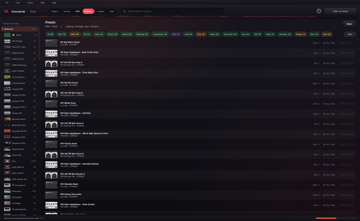 GroundLab Crate preset browser: presets grouped by plugin with star ratings