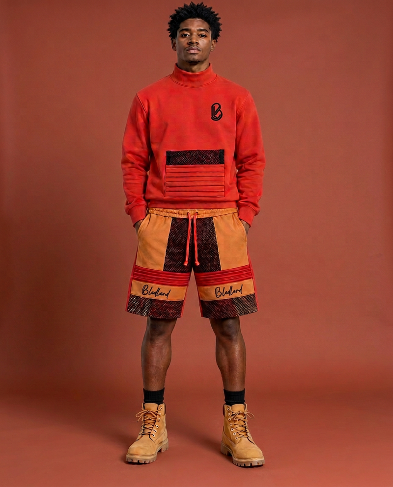 The Laughline Set — rust mock-neck sweatshirt and patchwork shorts, front view