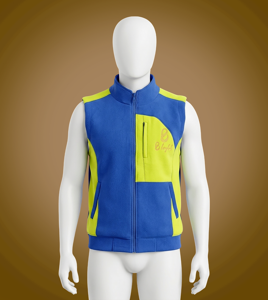 Cobalt blue and lime green contrast fleece vest by Bledlard — flat lay